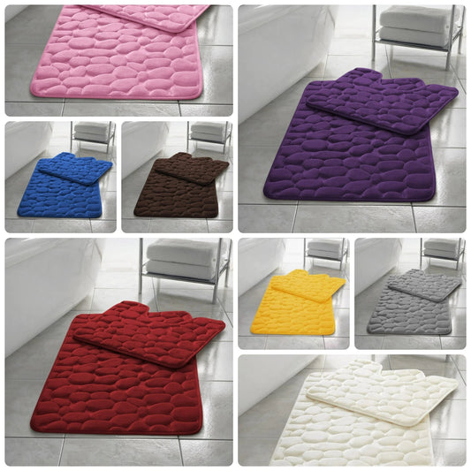 2pc Memory Foam Bath Mat Set Pebble Design Non-Slip & Washable Soft 100% Polyester 80x50 cm