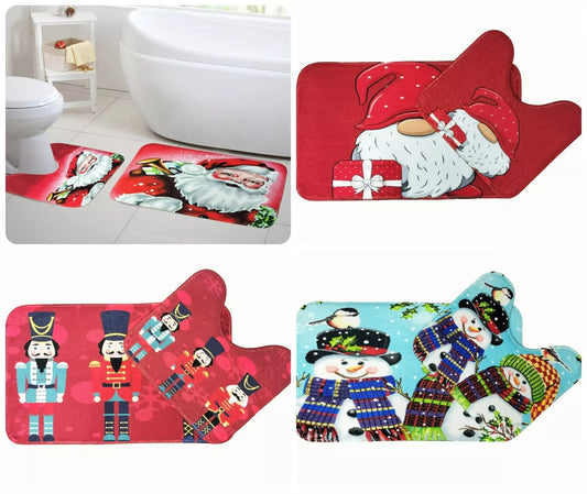 2pc Christmas Design Memory Foam Bath Mat Set Festive Non-Slip Bathroom Rugs 100% Polyester Machine Washable & Soft